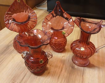 1970 Rossi Cranberry  Collection.Handblown Art Pitcher, Vases,Double Handle,Canadian Artwork