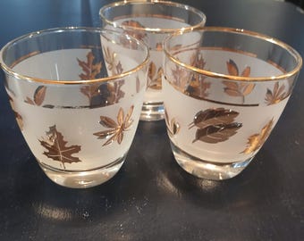VTG  3 Libby Glass Comp. "Golden Foliage " Short Tumblers/Classes
