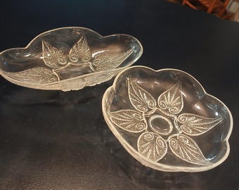 VTG Clear Anchor Hocking Bowls with Scallop Edges 8"  Round And Hobnail Leaf 12" Long