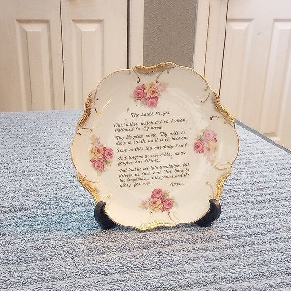 The Lord's Prayer Plate Trimmed in Gold and Flowers. Vintage