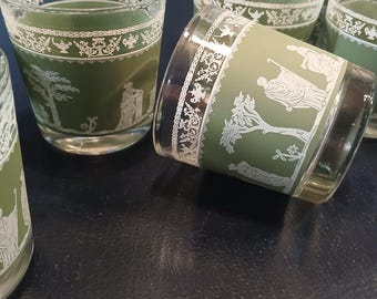 Vintage Green Jasperware Jeanette Glasses, Set of 4 Shot Glasses