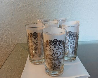Set of 6 25th Anniversary  Glasses from the 50's. Trimmed Silver Top