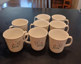 8 Vintage Rosemarie Mugs By Corelle/Corning with Mauve  Tulips and Green Accents on Bright White Glass from 80's