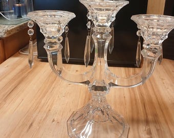 Vintage  Solid Crystal 3 Arm Taper Candlebra with  Hanging Crystals 12-1/2" Tall