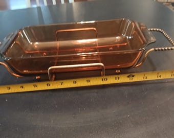 Anchor Hocking Fire King Amber Casserole Dish w/Adjustable Holder from the 70s