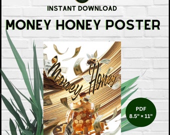 Arte imprimible de miel de dinero, arte magnetizante de dinero, arte de prosperidad, arte del dinero, arte de la miel, arte de la abeja, tarro lleno de arte de monedas, arte de la palabra, ARTE LOA