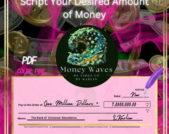 May include: A pink check with the words "Money Waves" and "The Power of The Mighty Pen" printed on it. The check is made out to "One Million Dollars" and signed "J. Karlin".