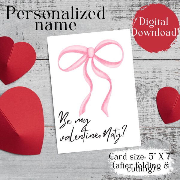 Personalized Be My Valentine Card, Custom Valentine's Day Card, Custom Digital Download, Preppy Coquette Valentine, Personalized Name Option