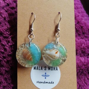 Blue ocean resin earrings, Beach earrings, Natural sand shells resin earrings, Blue sea round resin earrings