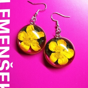 Pressed flower Buttercup dangling earrings, Real Buttercup flower and Ivy resin earrings, Yellow wildflower earrings sterling silver hooks
