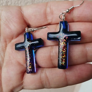Cross Earring, Christian Cross Dangle Earring, Blue cross dangle, Faith Gift, Unique Religious Jewelry, Handmade Baptism Gift