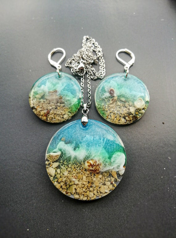 Adriatic Beach Resin Jewelry Set, Necklace & 925 Silver Earrings, Handmade Ocean Sand Pendant, Summer Gift for Her