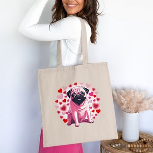 Pug Tote Bag, Animal Print Bag, Valentine&#39;s Day Gift, Pug Lover Gift, Reusable Grocery Shopping Bag, Dog Lover Tote, Pug Mom Gift, Gift for