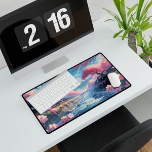 Cherry Blossom Desk Mat, Japanese desk mat, Sakura Desk Mat, desk gift for her, Kawazu mousepad, gaming mouse pad, floral mouse pad, Sakura image 6