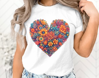 Camiseta con ramo de flores en forma de corazón, camisa con flores primaverales coloridas