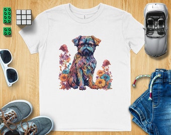 May include: White t-shirt with a colorful illustration of a Brussels Griffon dog surrounded by flowers.