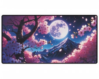 Cherry Blossom Desk Mat, Anime Moonlit Mountain, Floral Gaming Mouse Pad