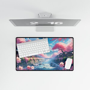 Cherry Blossom Desk Mat, Japanese desk mat, Sakura Desk Mat, desk gift for her, Kawazu mousepad, gaming mouse pad, floral mouse pad, Sakura image 4