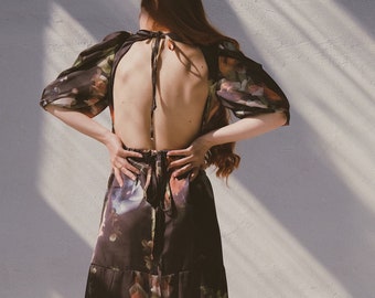 Long black backless silk prom dress with pattern / Backless long silk prom dress with floral print