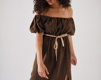 Dark brown long linen dress with belt / Linen dress with belt / Linen dress for vacation / Summer dress with handmade belt