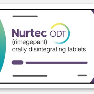 May include: White rectangle with rounded corners, featuring a teal and green gradient circle on the left and a purple gradient circle on the right. The text "Nurtec ODT (rimegepant) orally disintegrating tablets" is centered in the rectangle.