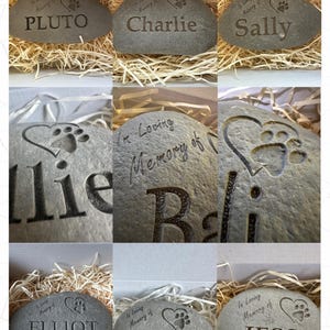 May include: Nine gray stone heart-shaped pet memorial rocks with paw prints and engraved text. The text reads "In Loving Memory of" followed by the pet's name: Pluto, Charlie, Sally, Billie, Jess, Elliot, and Ellie.