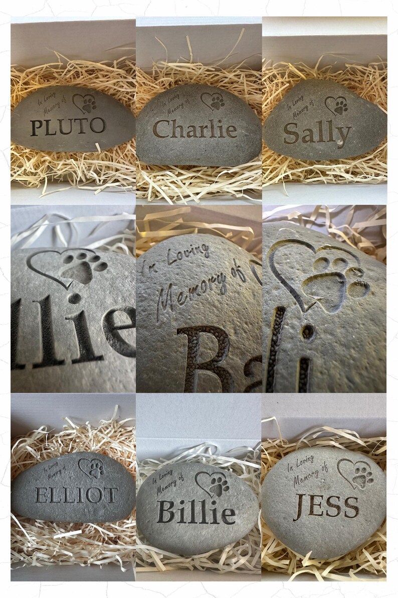 May include: Nine gray stone heart-shaped pet memorial rocks with paw prints and engraved text. The text reads "In Loving Memory of" followed by the pet's name: Pluto, Charlie, Sally, Billie, Jess, Elliot, and Ellie.