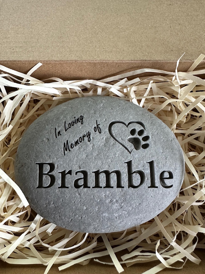 May include: A gray stone with the text "In Loving Memory of Bramble" and a paw print heart engraved on it. The stone is in a box with shredded paper.