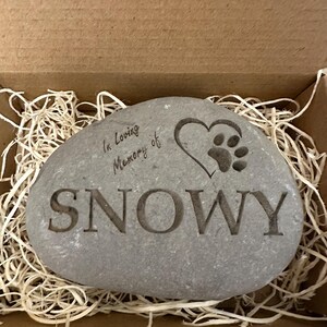 May include: A gray stone engraved with "In Loving Memory of SNOWY" and a heart with a paw print inside. The stone is in a box with shredded paper.