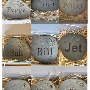 May include: Nine gray, oval-shaped stones with engraved hearts and paw prints. Each stone has a name engraved on it: Peppa, Elliot, Polo, Bali, Bill, Jet, Buster, Missie, and Jess.