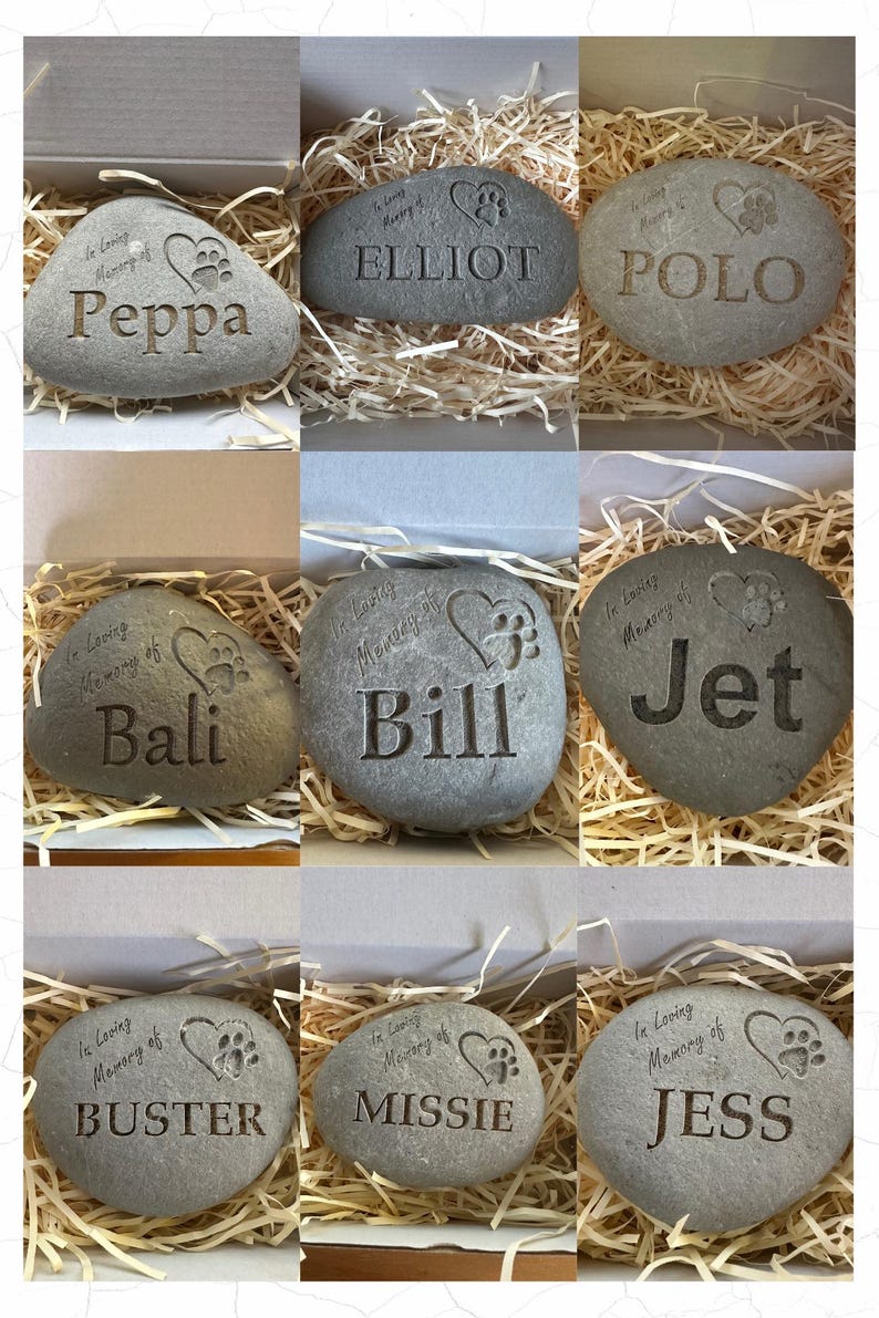 May include: Nine gray, oval-shaped stones with engraved hearts and paw prints. Each stone has a name engraved on it: Peppa, Elliot, Polo, Bali, Bill, Jet, Buster, Missie, and Jess.