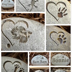 May include: A collection of personalized pet memorial stones with various engravings, including paw prints, a lizard, a fish, and names like "King Louie", "Bam Bam", "Bonnie", "Pickle", and "Roxy".