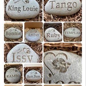 May include: A collection of personalized pet memorial stones with engraved names and paw prints. The stones are displayed in individual boxes with shredded paper.
