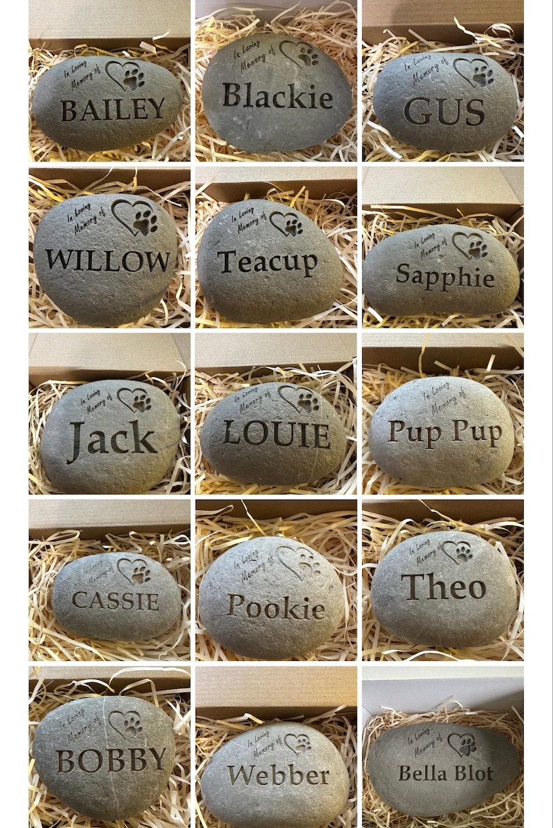 May include: A collection of 15 gray, round, engraved stones with paw prints and hearts. Each stone has a different name engraved on it, such as Bailey, Blackie, Gus, Willow, Teacup, Sapphie, Jack, Louie, Pup Pup, Cassie, Pookie, Theo, Bobby, Webber, and Bella Blot.
