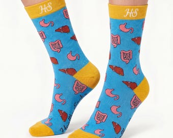 Gastroenterologist Gift Socks, GI Nurse, Medical Student, Healthcare Worker (Blue/Mustard)