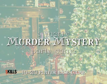 May include: A festive Christmas-themed murder mystery party game for 10-20 players. The game features a fireplace, a Christmas tree, and presents.