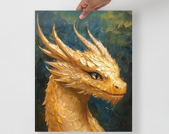 May include: A close-up portrait of a golden dragon's head with a textured, scaly appearance. The dragon has a sharp, pointed snout and piercing green eyes. The background is a blurred, dark blue and green color.