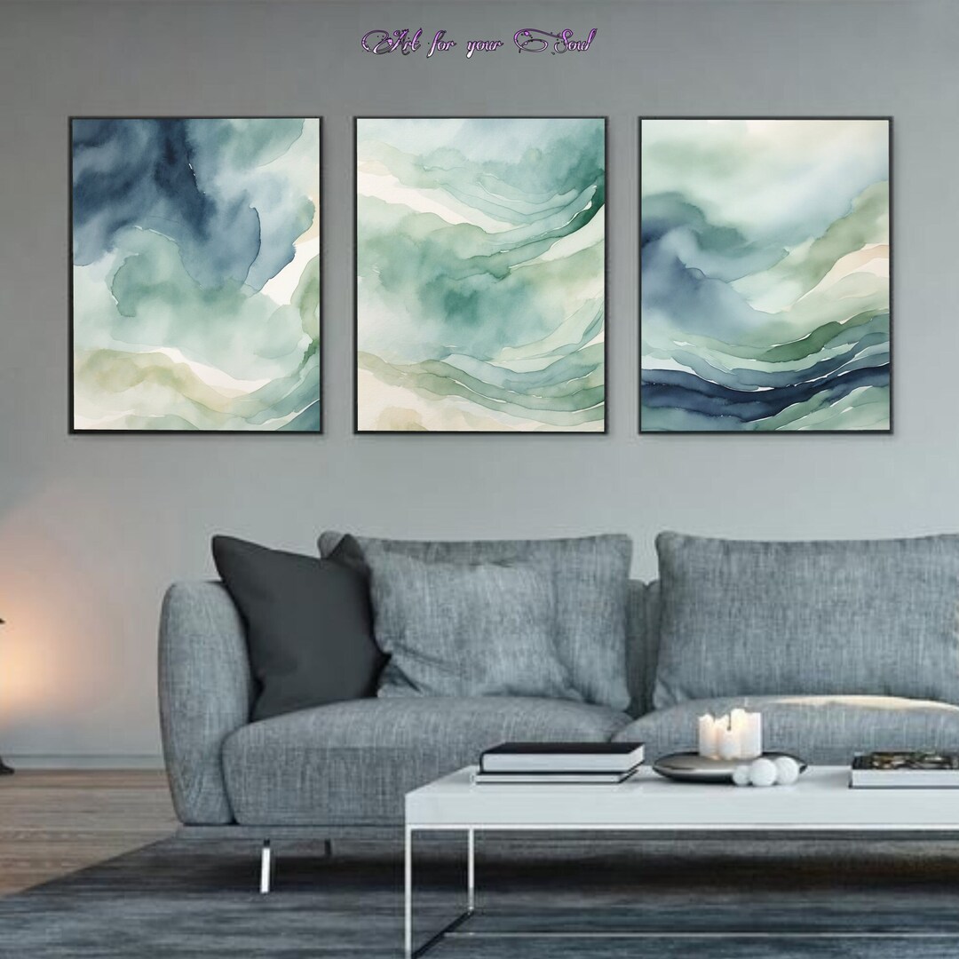 Set of 3 Prints, Abstract Sea Wall Art, Ombre Watercolor Poster ...