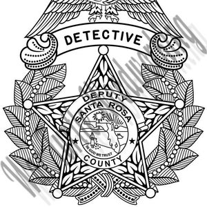 May include: Black and white illustration of a sheriff's badge with a five-pointed star, an eagle, and the words "DEPUTY SANTA ROSA COUNTY" and "IN GOD WE TRUST".