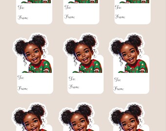 Christmas-Themed African American Kids Gift Tags Stickers – Set of 5 Sheets , Digital Download, PNG, Cute Boys and Girls