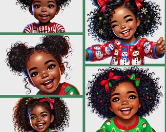 Cute Adorable African American Girl in Christmas Pajamas, Holiday Digital Graphics, DIY Projects, Crafts, Digital Download, PNG, POD