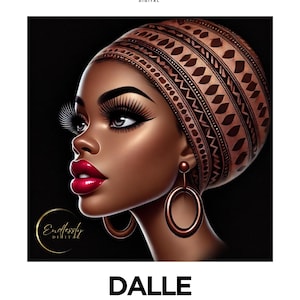 Può includere: Un'illustrazione digitale di una donna con la pelle scura che indossa un turbante con motivi e grandi orecchini a cerchio. Lo sfondo è nero.