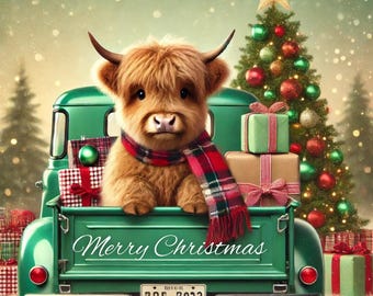Cute Christmas Highland Cow on Old Truck Clip Art Bundle | Festive Holiday Digital Graphics, DIY Projects, Crafts, Digital Download, PNG