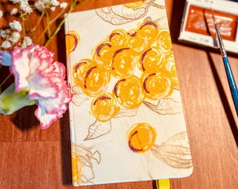 Hardcover geïllustreerd Golden Berry Notebook Gift Handmade Fabric Journal. Kaapse kruisbes