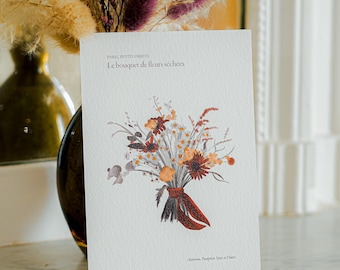 May include: A white rectangular card featuring a watercolour illustration of a dried flower bouquet in shades of orange, brown, and grey, tied with a red ribbon. The text reads PARIS, PETITS OBJETS, Le bouquet de fleurs séchées, and Automne, Pumpkin Spice et Fleurs.
