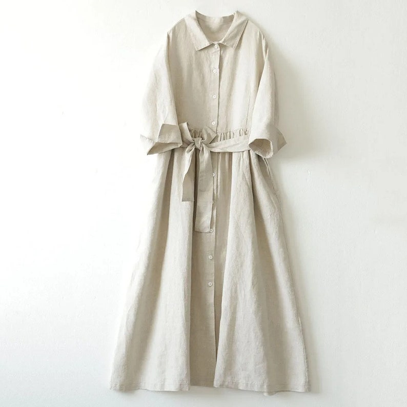 Damen Leinenkleid, Frühlingskleid, lockeres lässiges Herbstkleid, lange Robe Bild 1