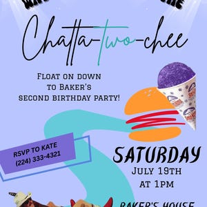 Puede incluir: Invitación a una fiesta de cumpleaños con el texto "Way Down Yonder on the Chatta-Two-Chee". Incluye una hamburguesa, un cono de nieve y una persona flotando en un flotador. RSVP a Kate.
