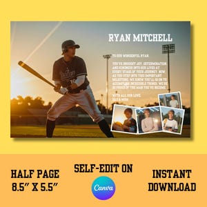 Puede incluir: Tarjeta fotográfica con temática de béisbol con un jugador con uniforme de los Dodgers sosteniendo un bate. La tarjeta incluye el nombre "RYAN MITCHELL" y un mensaje de "DAD & MOM". Es de media página, 21,6 cm x 14 cm, y se puede editar en Canva con descarga instantánea.