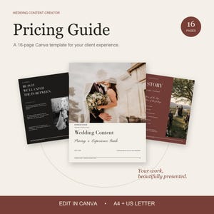 May include: A 16-page wedding content creator pricing guide Canva template. The design features three document pages in black, white, and maroon, displaying wedding photography, serif typography, and the text Wedding Content Pricing & Experience Guide.