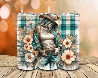 Country Chic Cowgirl Tumbler | Turquoise Plaid & Floral | Insulated 20oz Stainless Steel
